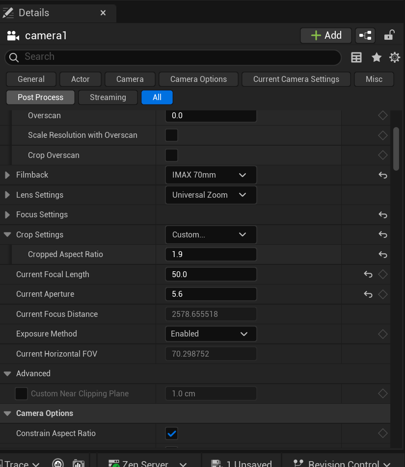 Unreal Engine camera settings with IMAX 70mm filmback and a 1.9:1 aspect ratio