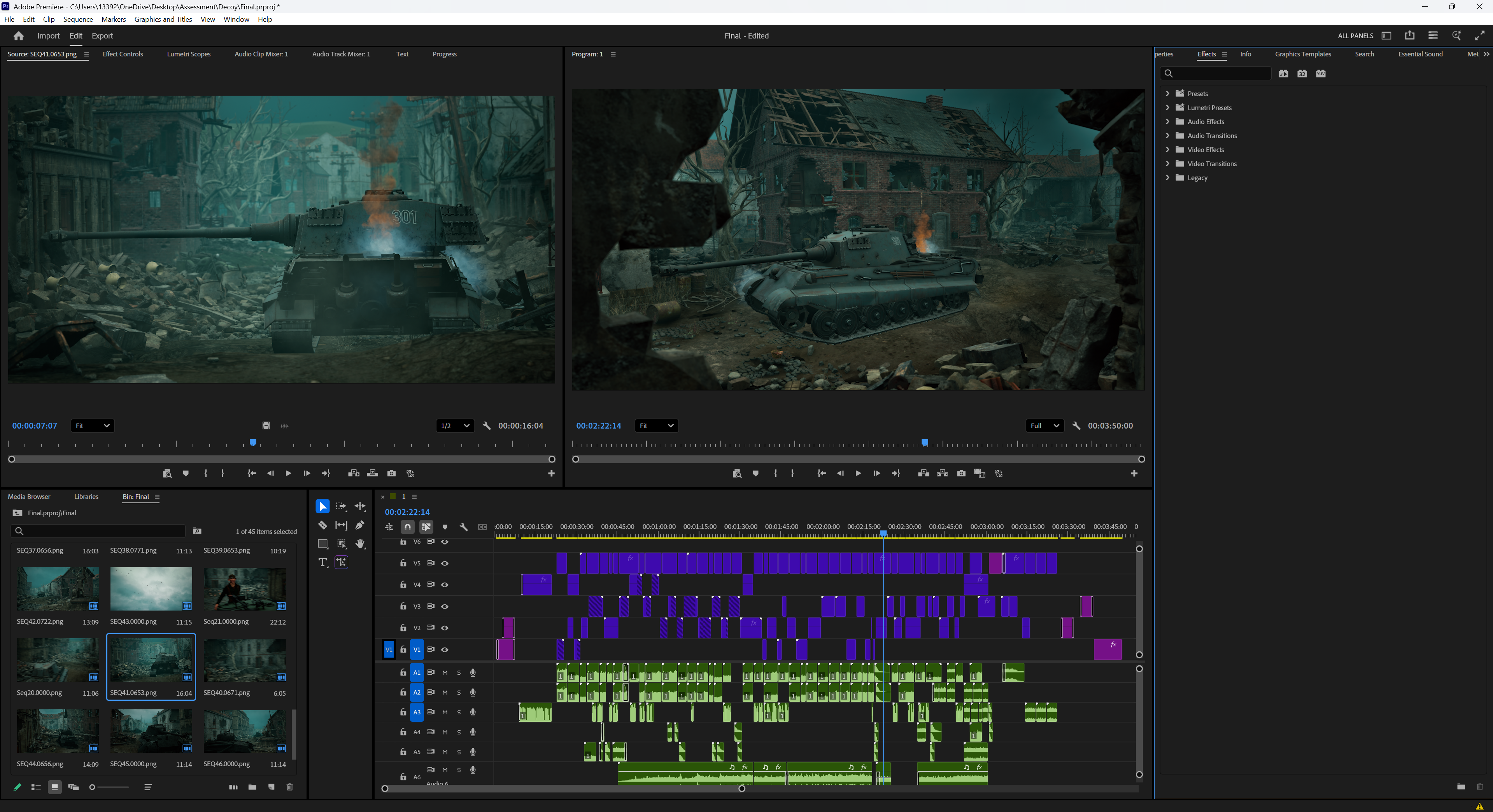 Adobe Premiere Pro showing Decoy tank shots and a multilayered picture and sound editing timeline
