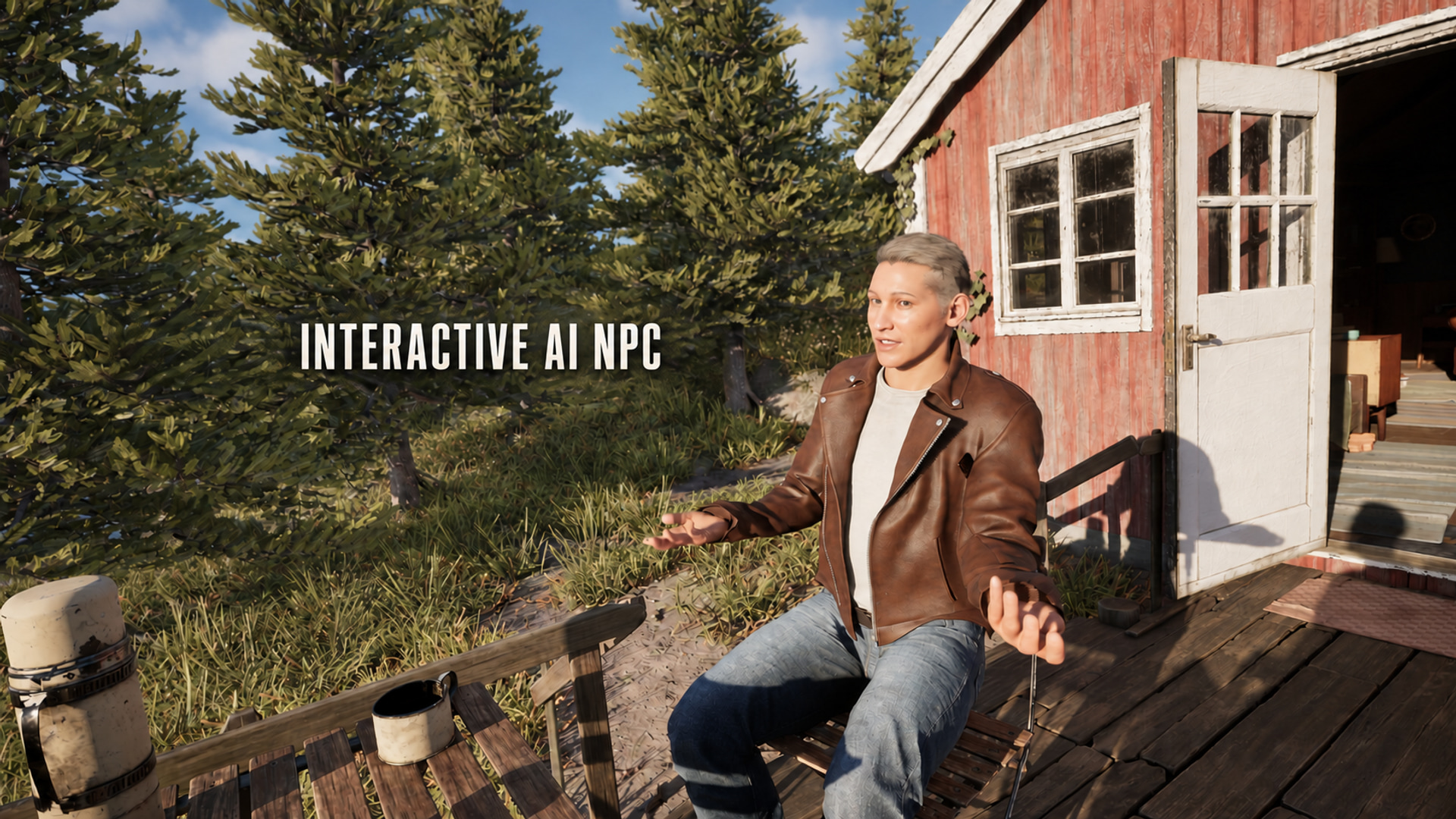 Interactive AI NPC speaking beside a lakeside cabin in Unreal Engine 5
