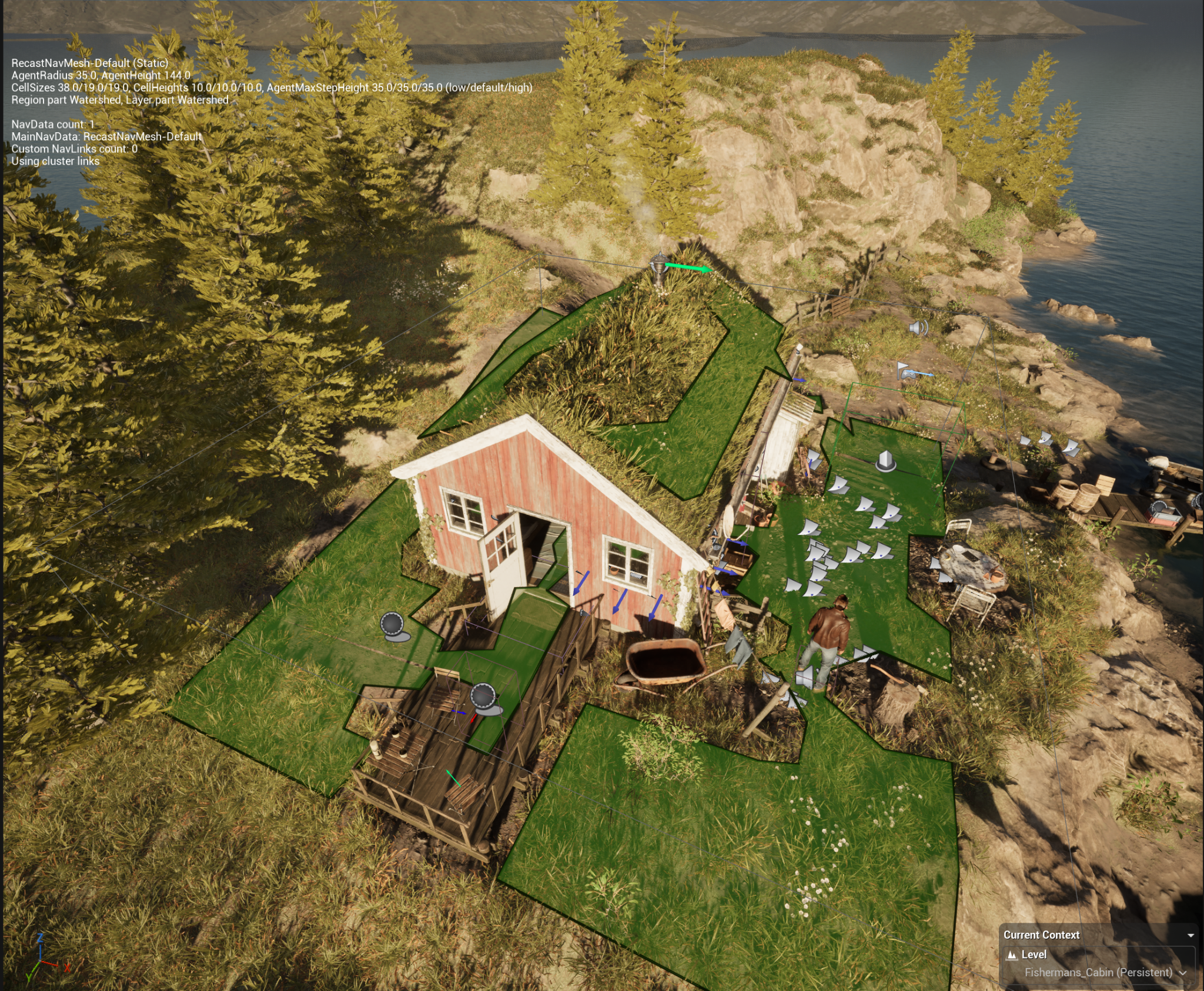 Unreal Engine aerial view showing green NavMesh coverage around the lakeside cabin, entrance, terrace and surrounding exterior route