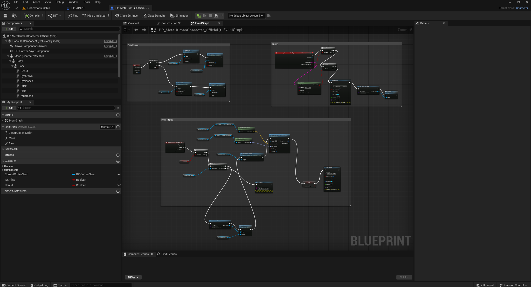 Full Unreal Engine Event Graph overview for BP MetaHumanCharacter Official showing third-person controls and the complete sit interaction