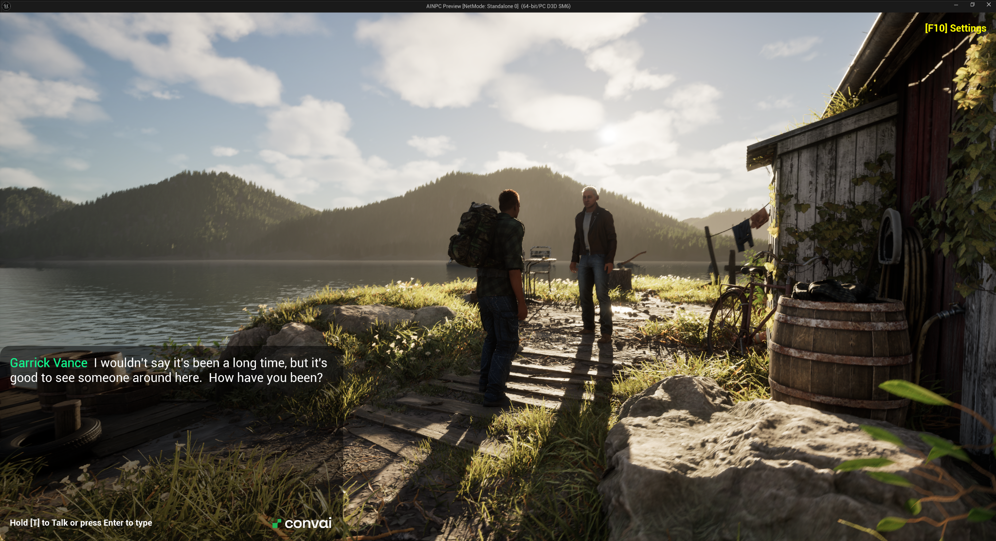 Third-person Unreal Engine prototype showing the playable MetaHuman facing the AI NPC outside the lakeside cabin during dialogue