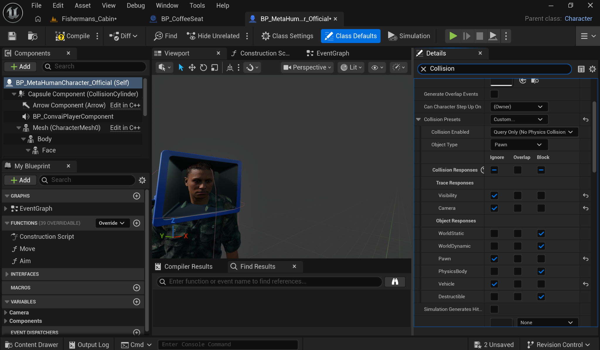 Unreal Engine BP MetaHumanCharacter Official viewport with a MetaHuman and the Body and Face component hierarchy