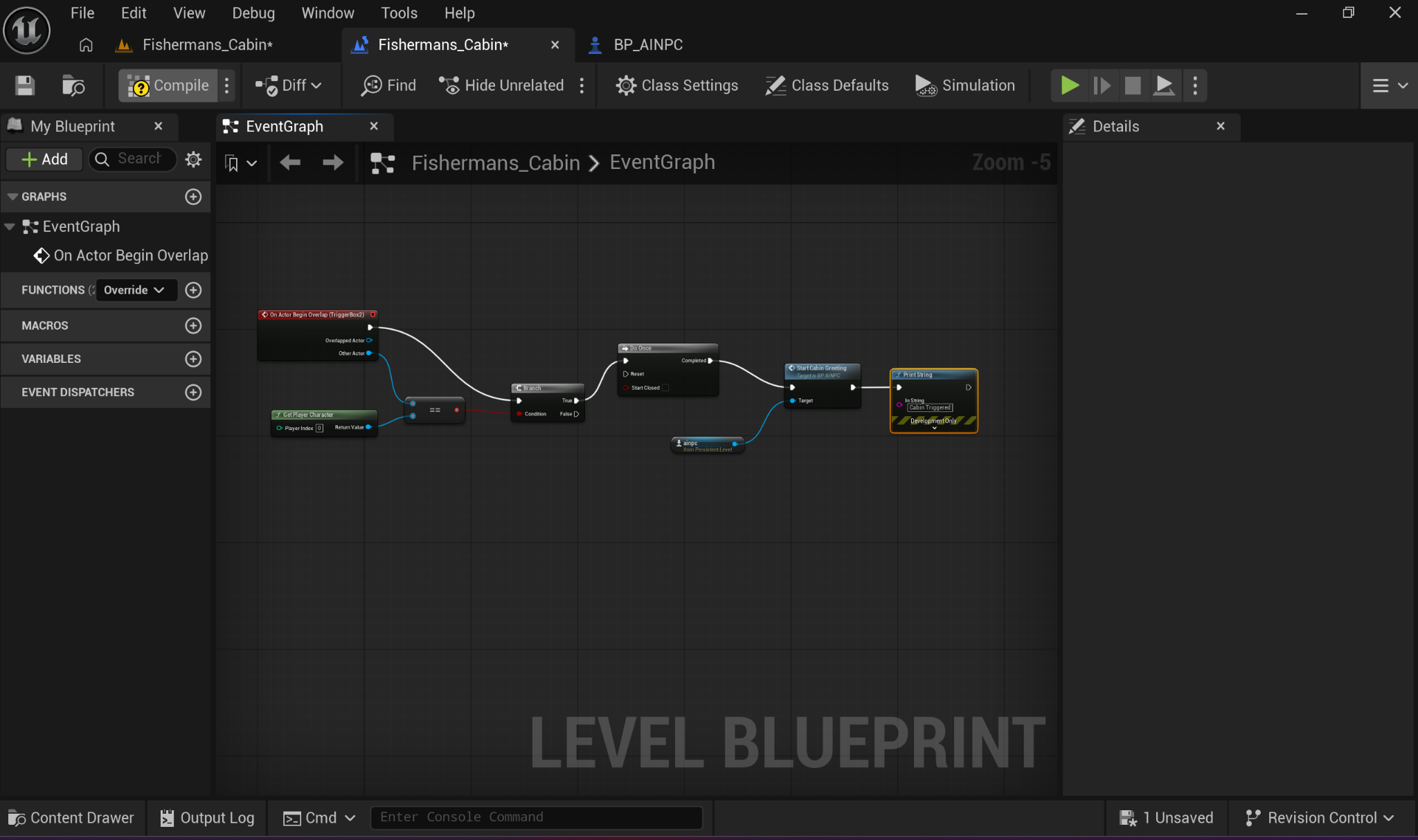Level Blueprint checking On Actor Begin Overlap on TriggerBox2 before calling Start Cabin Greeting on BP AINPC