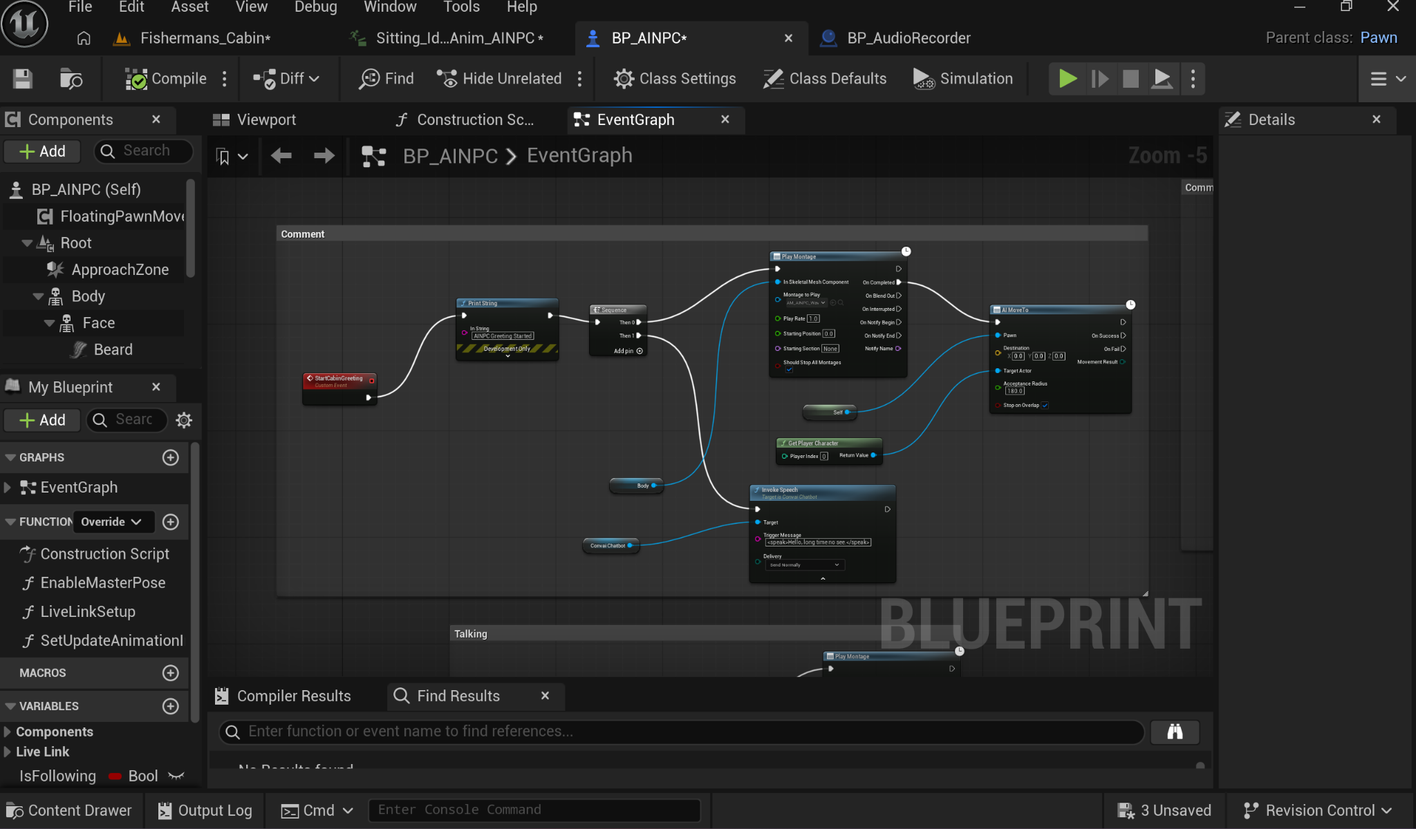 BP AINPC StartCabinGreeting sequence playing a montage, invoking a spoken greeting and moving toward the player