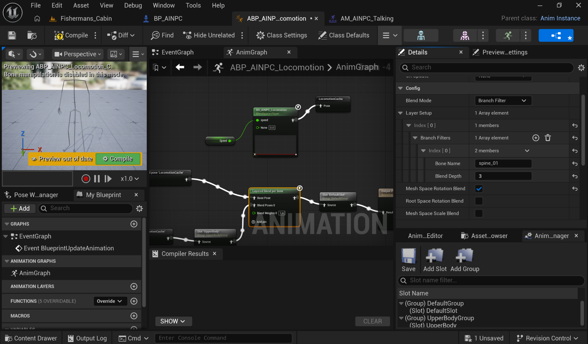 ABP AINPC Locomotion AnimGraph using LocomotionCache as the base pose and an UpperBody slot through Layered Blend per Bone from spine 01