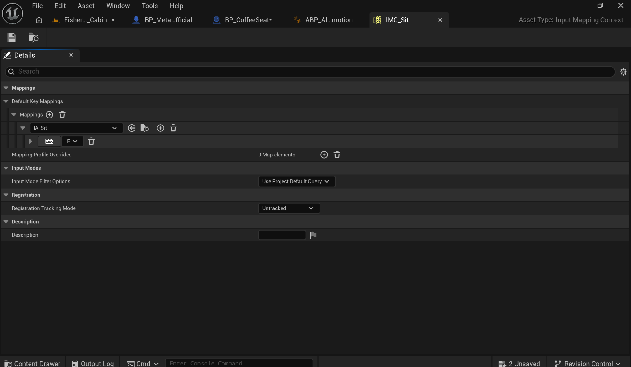 Unreal Engine input mapping context showing IA Sit mapped to the F keyboard key