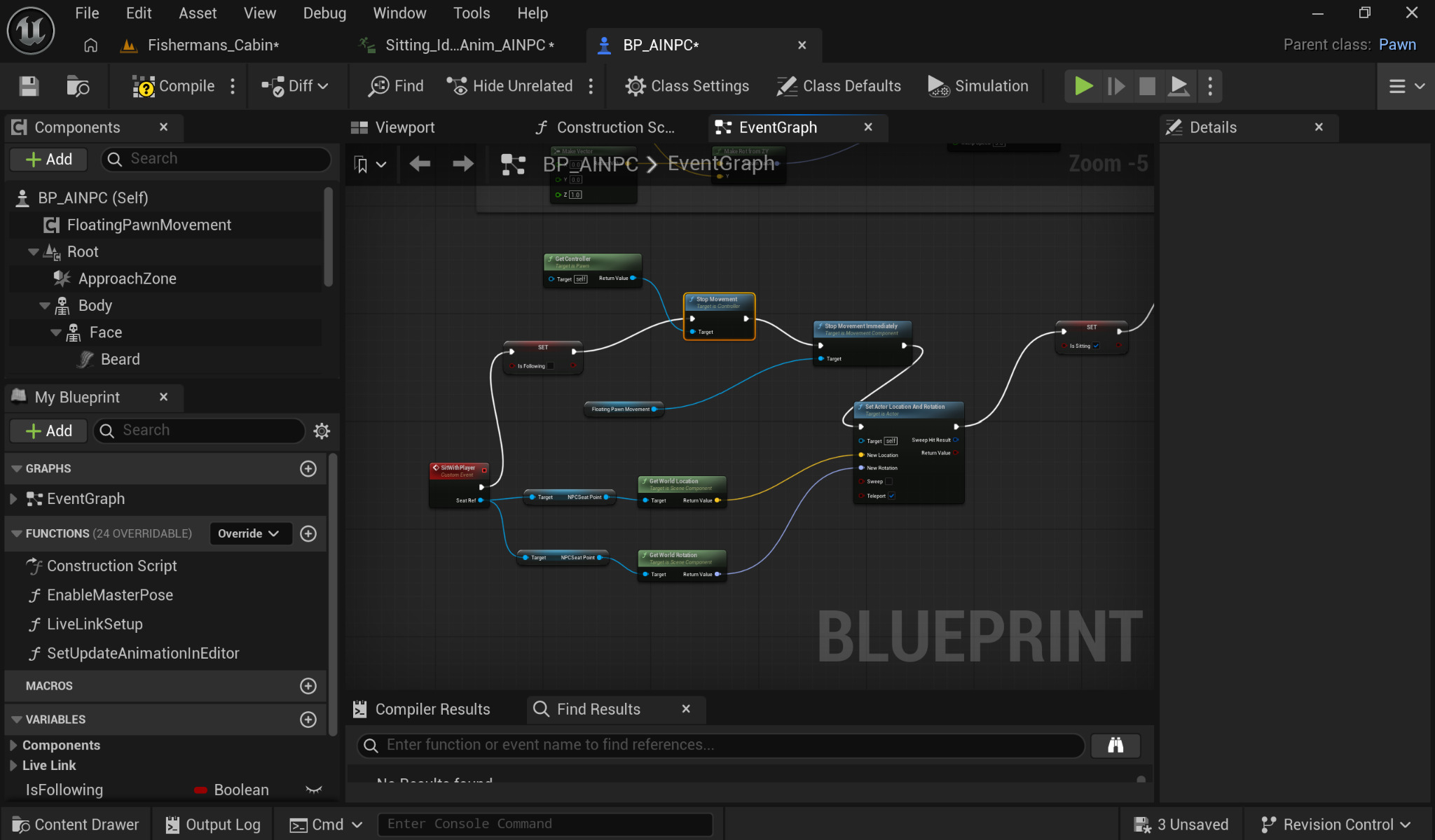 BP AINPC SitWithPlayer event stopping follow and movement, aligning to NPCSeatPoint and setting IsSitting
