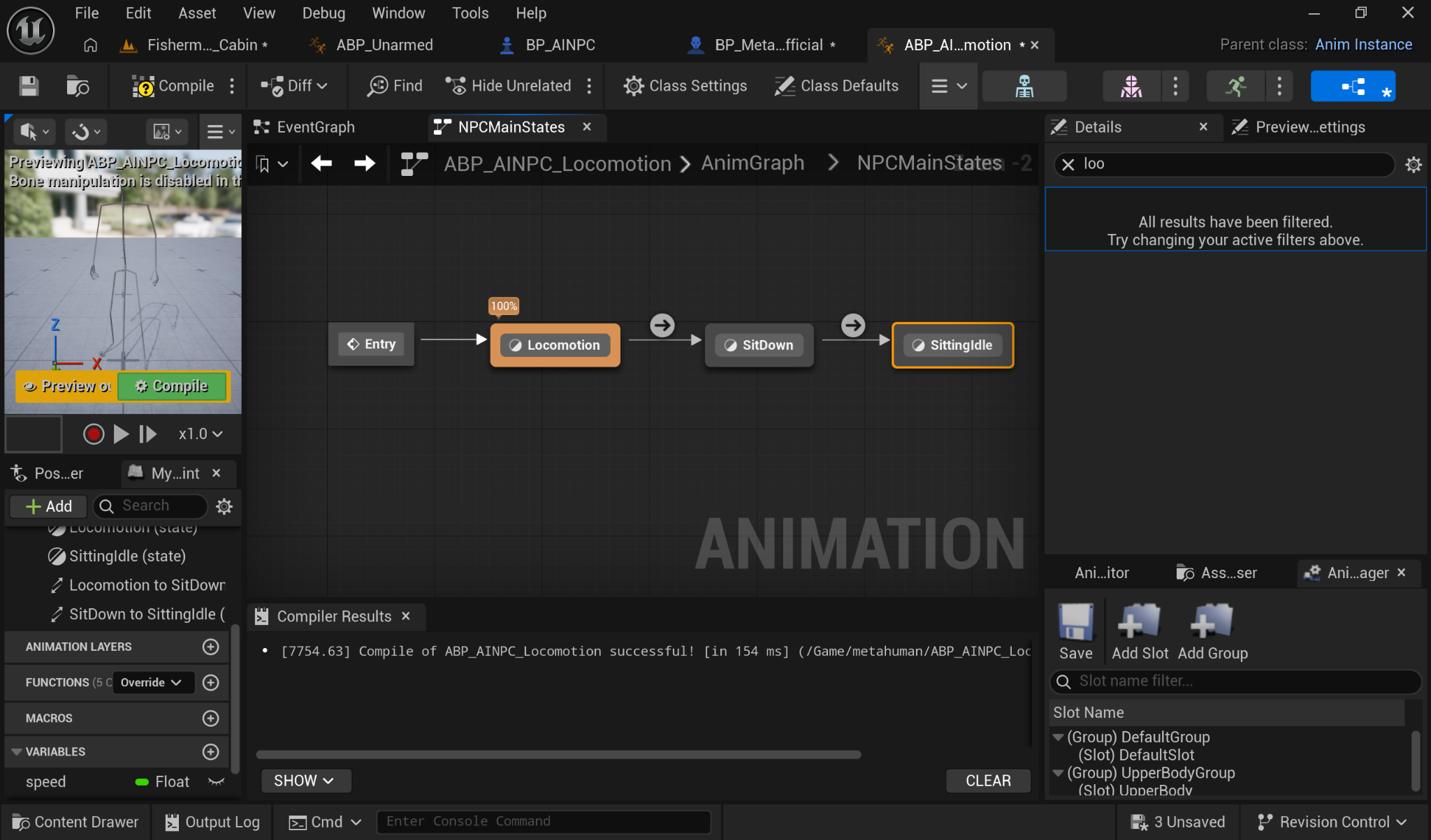 ABP AINPC Locomotion state machine transitioning from Locomotion through SitDown to SittingIdle