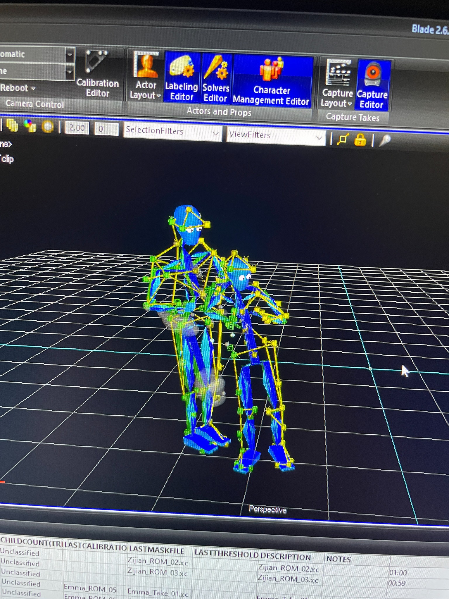 Vicon Blade interface showing two solved motion capture skeletons during an interaction check
