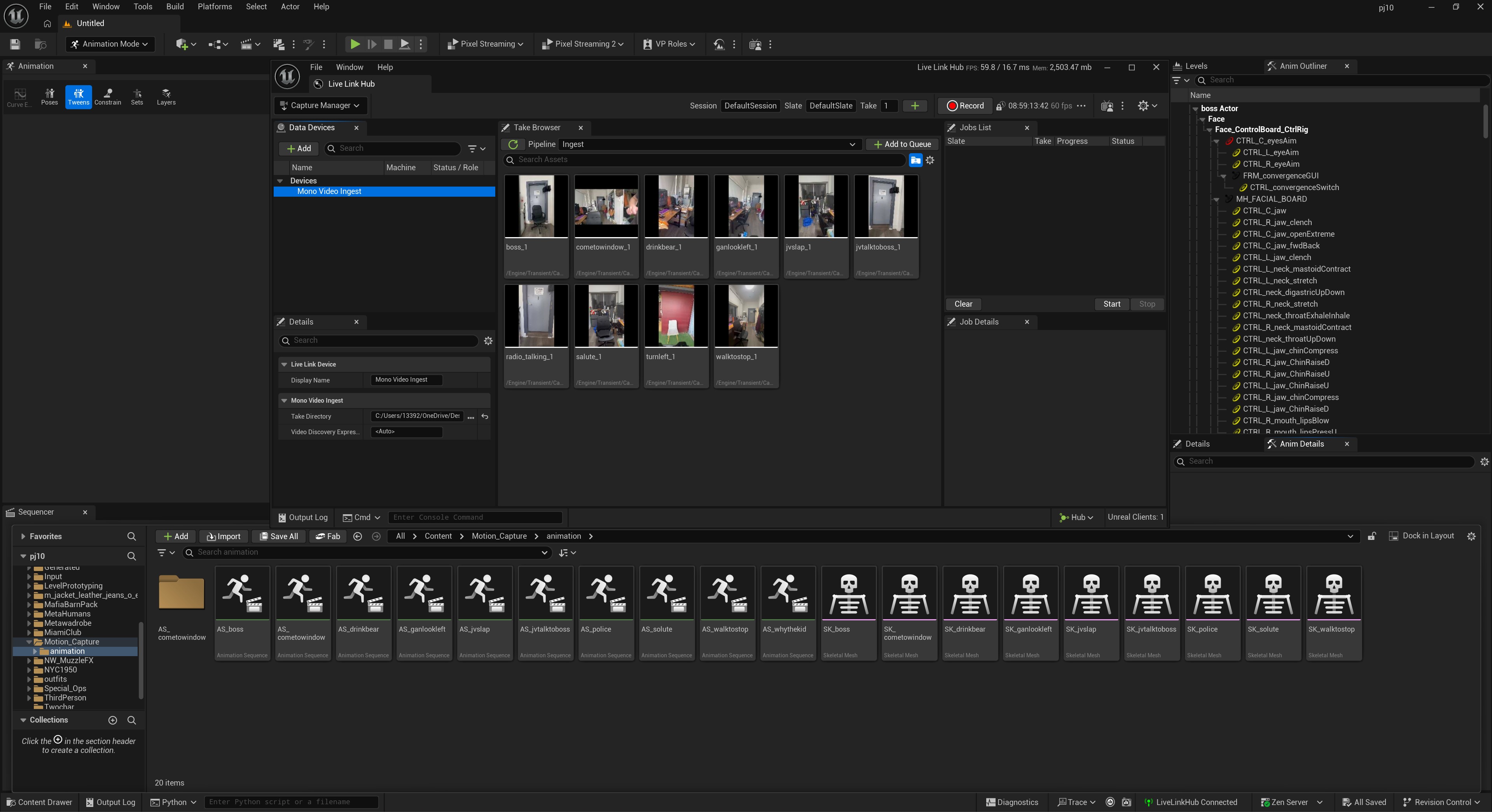 Unreal Engine Live Link Hub showing motion-capture takes prepared for The Grey Man
