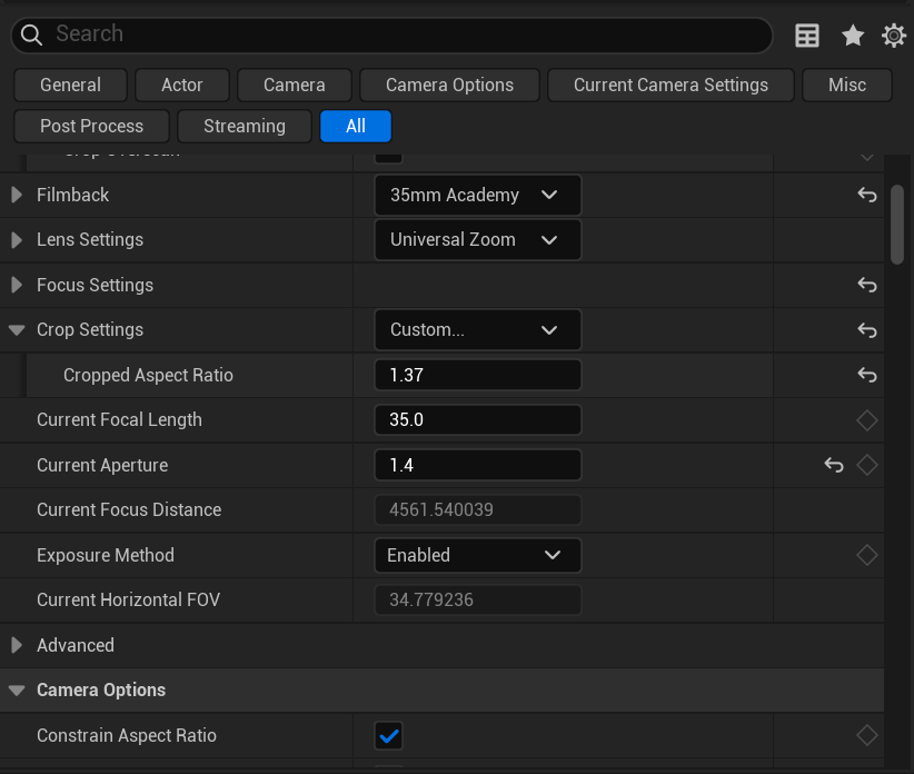 Unreal Engine camera settings showing 35mm Academy filmback and a 1.37:1 crop