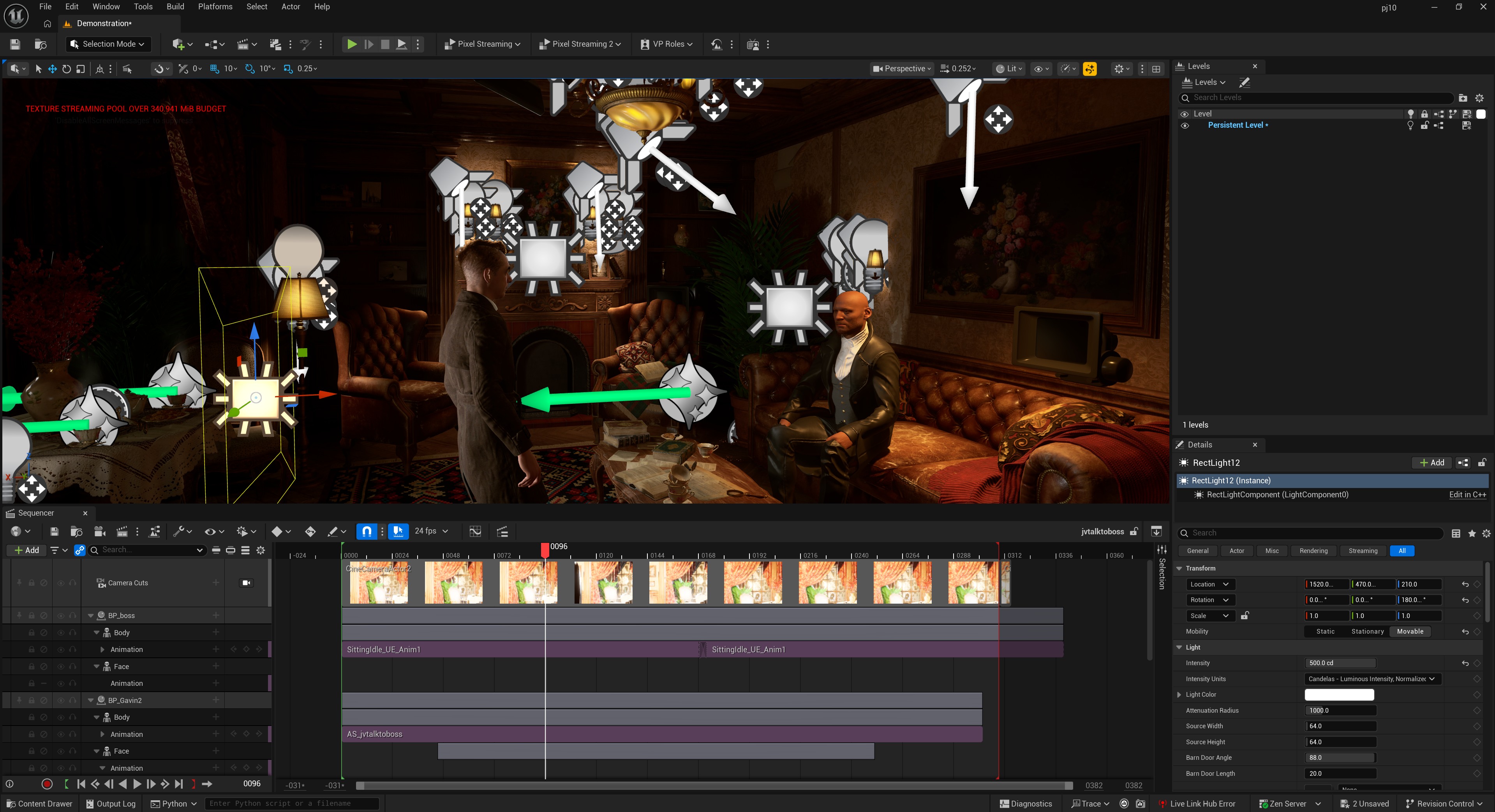 Unreal Engine lighting setup showing the Rect Light placed behind JV in the cigar-room scene