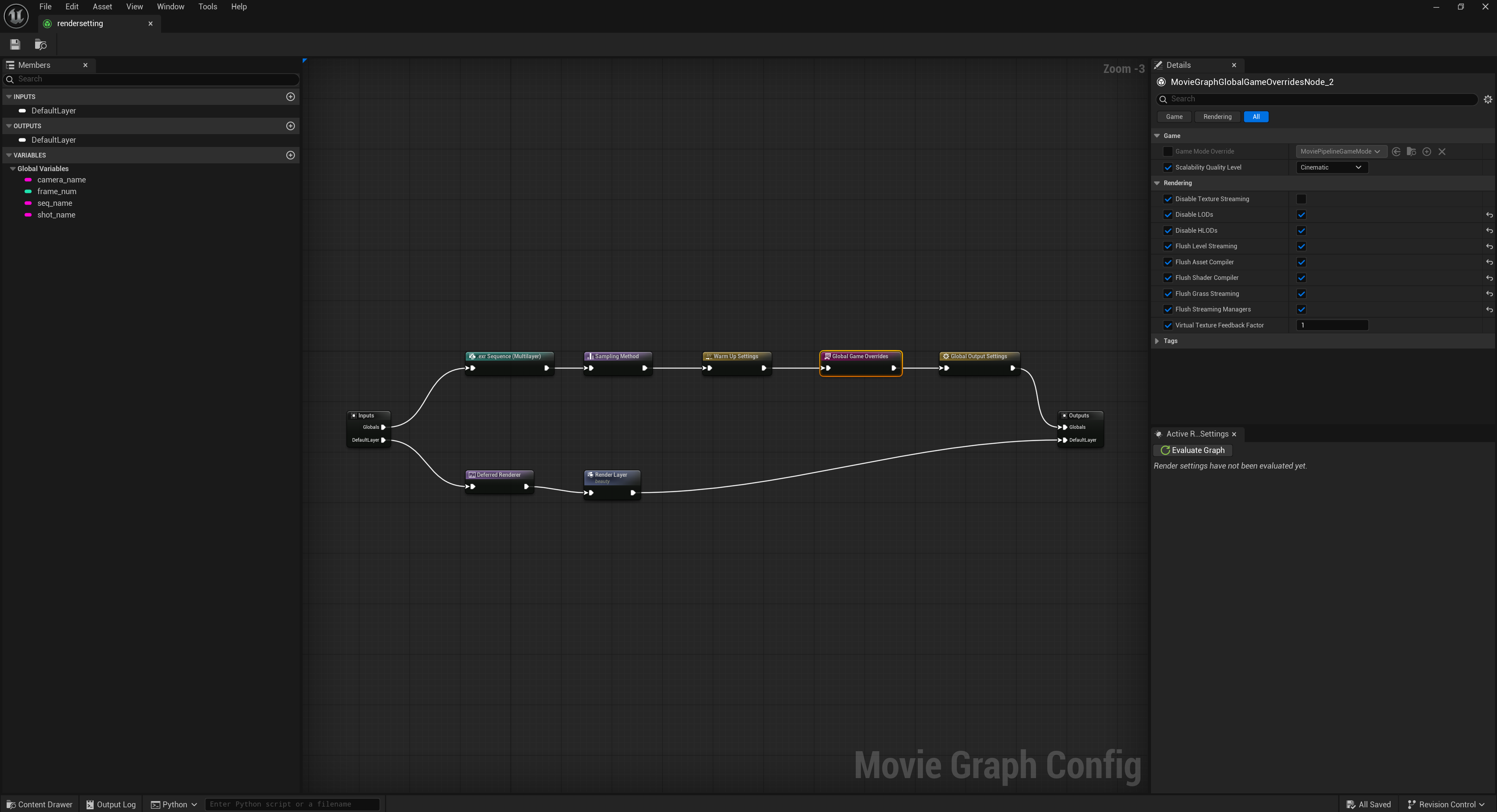 Composite of The Grey Man Movie Render Graph and output settings inset at the lower right
